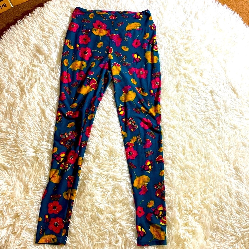 LULAROE LEGGINGS TEAL, HOT PINK and GOLD FLORAL ONE SIZE EUC